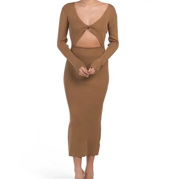 HOUSE OF HARLOW Twist Front Long Sleeve Rib Knit Dress - Camel Brown - Picture 2 of 5